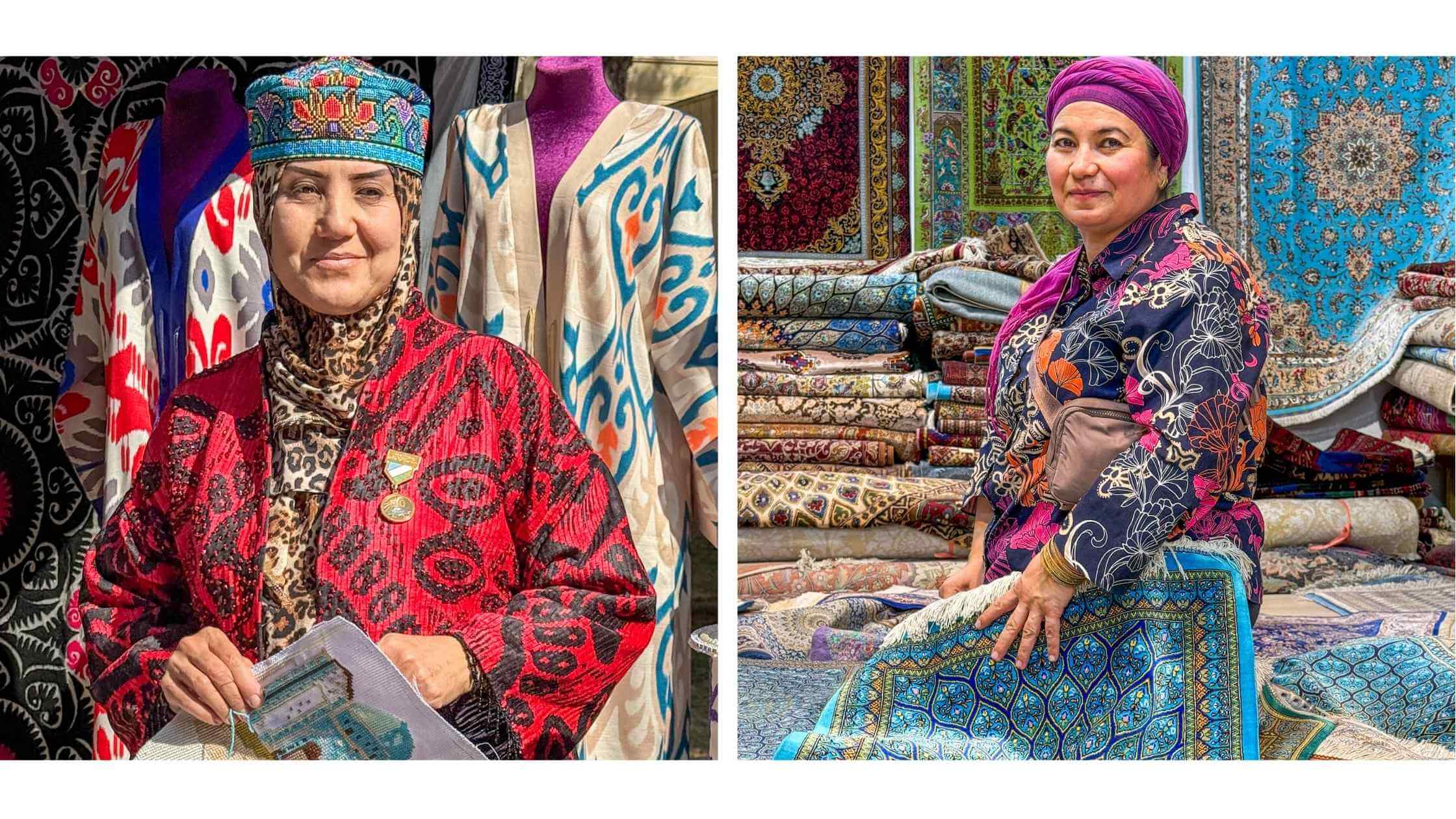 Kvinne på marked i Samarkand og kvinne på teppefabrikk – kledd i tradisjonelle fargerike drakter, omgitt av håndvevde tepper og tekstiler med mønstre inspirert av Silkeveien.