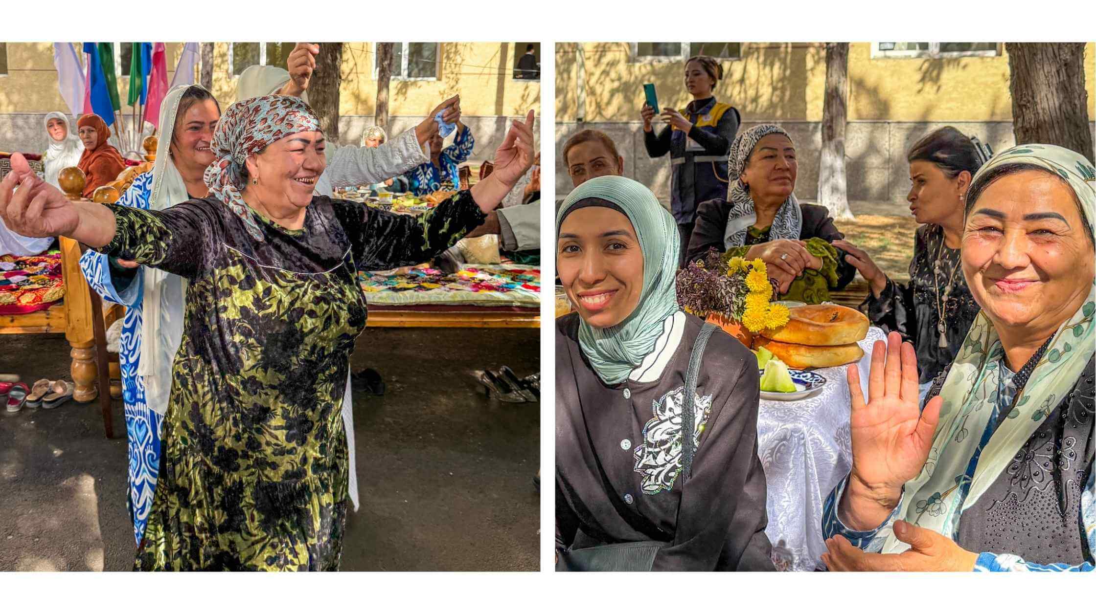 Kvinner på marked i Samarkand – tradisjonell musikk, dans og latter under fargerike markedsdager.