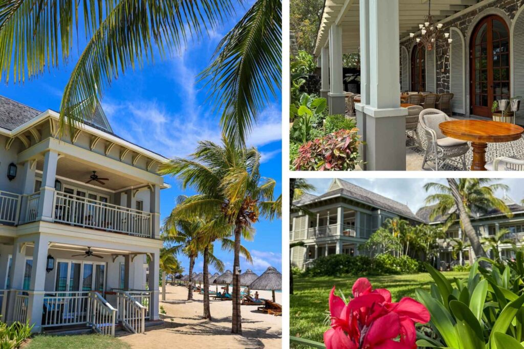 Collage av eksteriøret med kolonistil, palmer, strand og frodig hage.