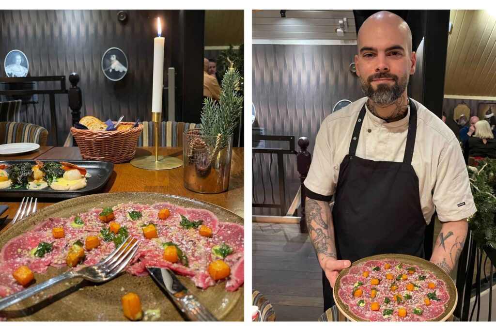 Kjøkkensjef som presenterer dry aged carpaccio på Becks Brasserie & Bar Osebro i Porsgrunn