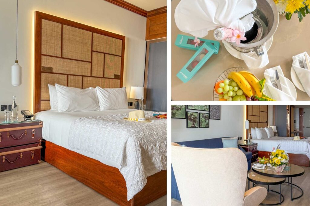 Collage av deluxerom og interiør på Le Méridien Ile Maurice.