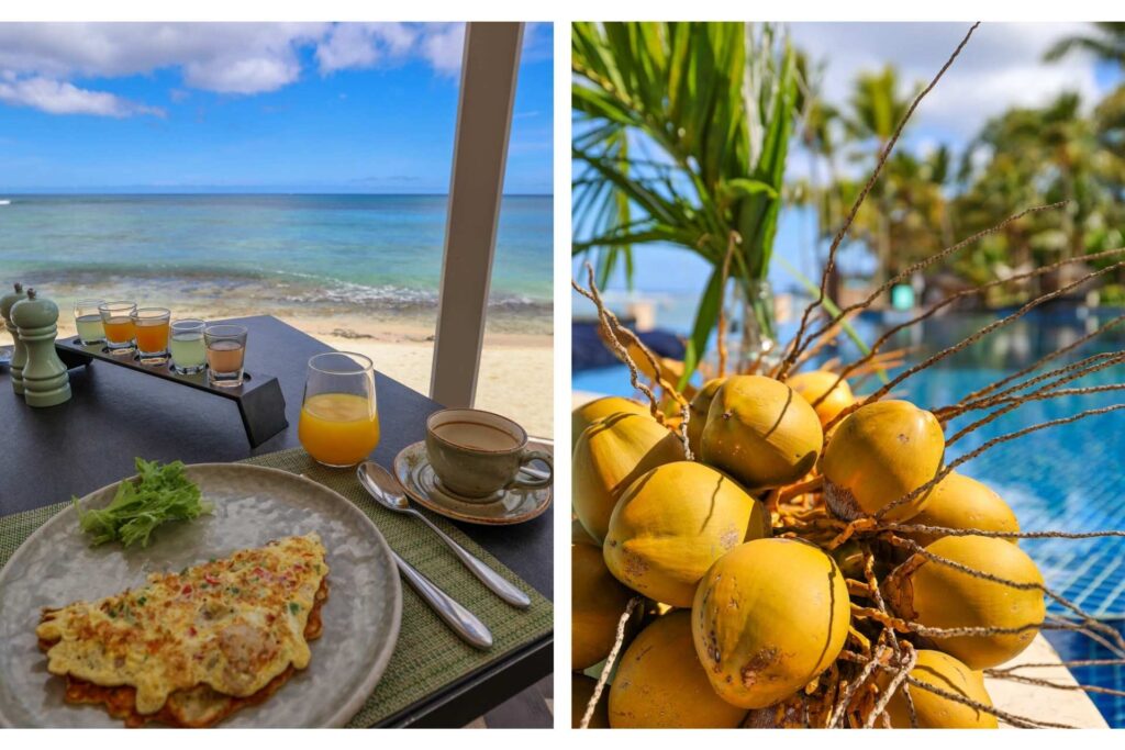Frokost med havutsikt og kokosnøtter ved Nirvana-delen på Le Méridien Ile Maurice.