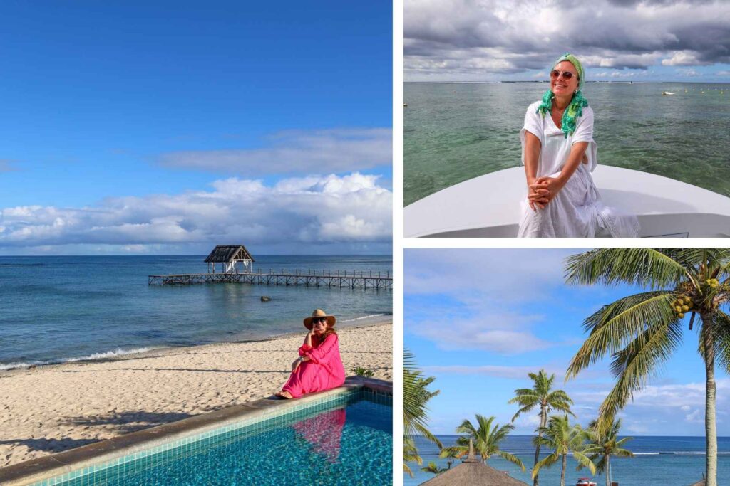 Collage med strand, infinitybasseng, båttur og palmer. 