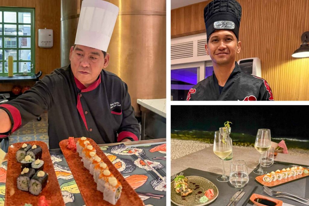 Collage som viser sushikokk og tappanyaki kokk samt bord med utsikt over havet. 