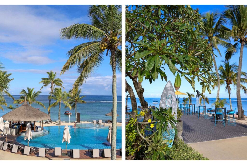 Waves Restaurant og bar på Le Méridien Ile Maurice, med basseng og strandutsikt.