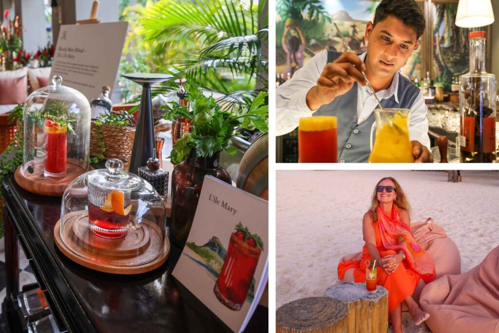 Collage fra St. Regis Le Morne med signatur drink Lîlemary-servering, bartender som lager drink, og dame i oransje kjole som matcher drinken på stranden.