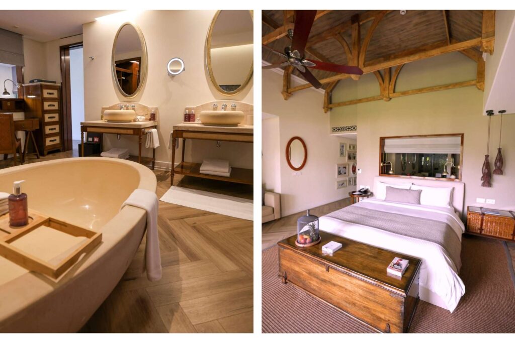 Bad og soverom i en av suitene på St. Regis Le Morne, med frittstående badekar, doble vasker og luftig soverom med trebjelker.