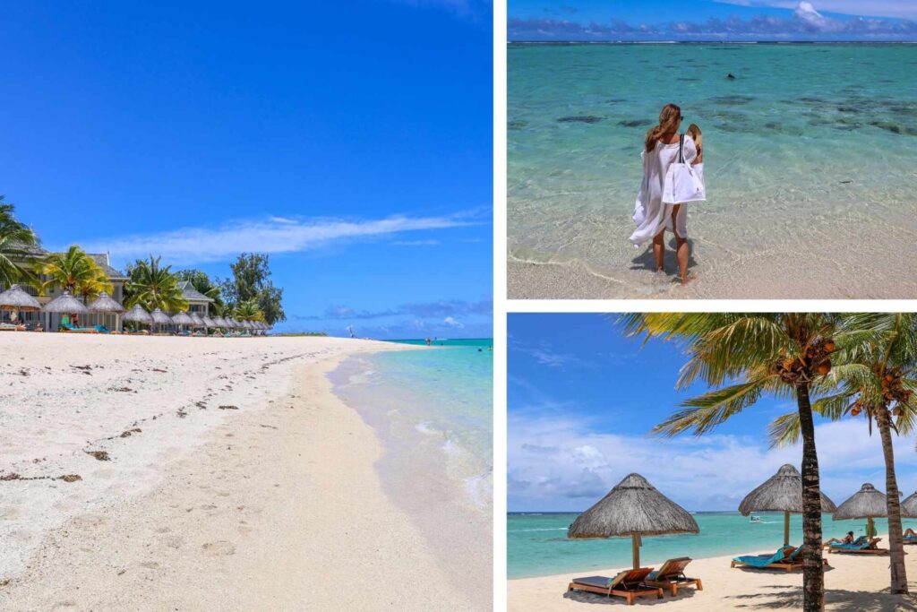 Stranden ved Le Morne med turkis hav, hvit sand og solsenger under stråparasoller på Mauritius.