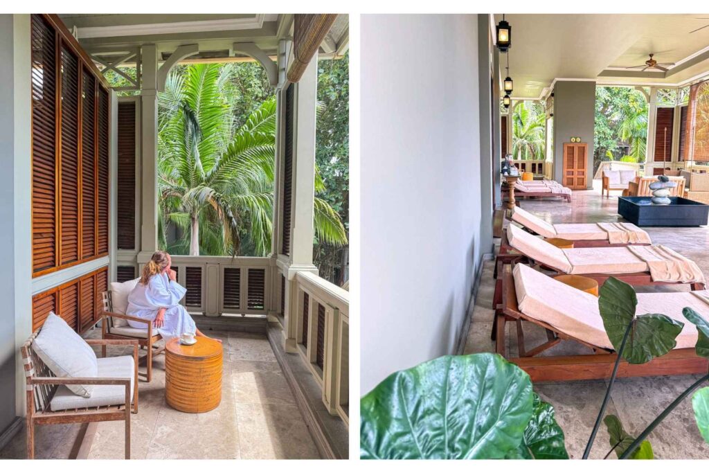 Veranda, hengestol og spa-detaljer på luksushotellet på Mauritius.