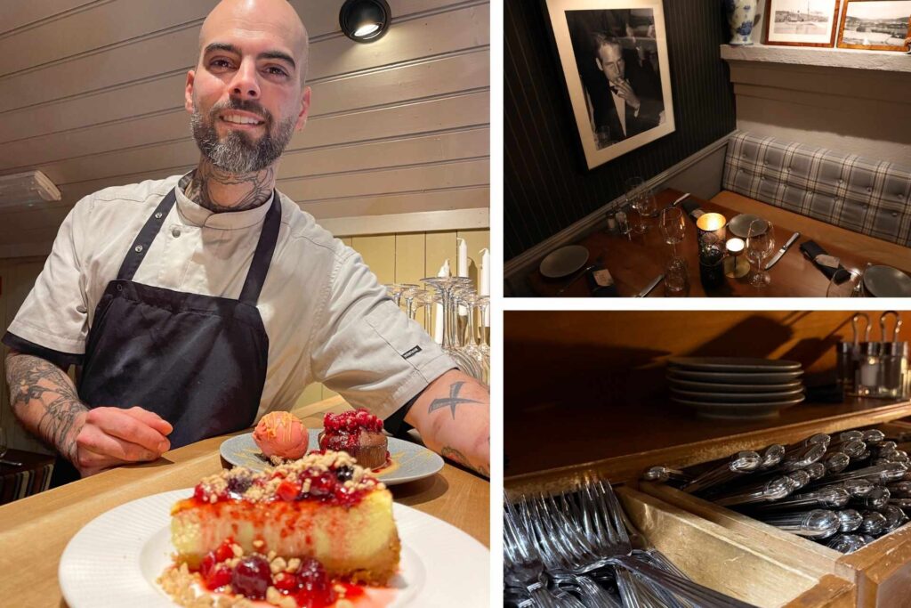 Kjøkkensjef i Porsgrunn som presenterer dessert, med detaljer fra restauranten i bakgrunnen.