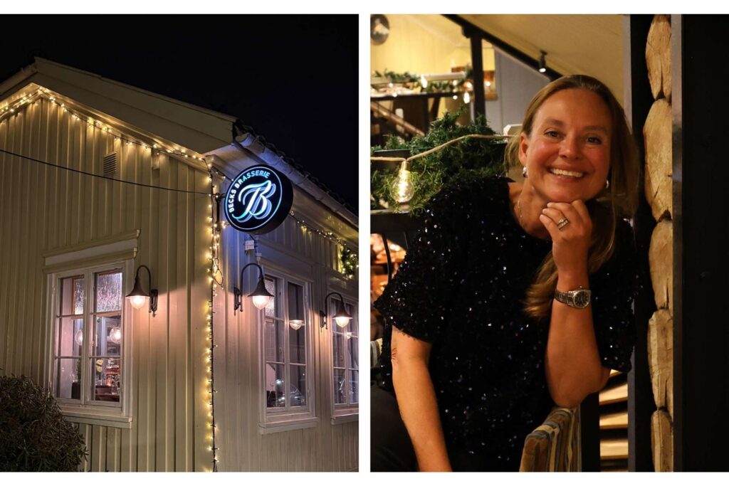 Kveldsstemning ved Becks Brasserie & Bar Osebro i Porsgrunn med lys på utsiden og gjest som nyter atmosfæren inne i restauranten. 