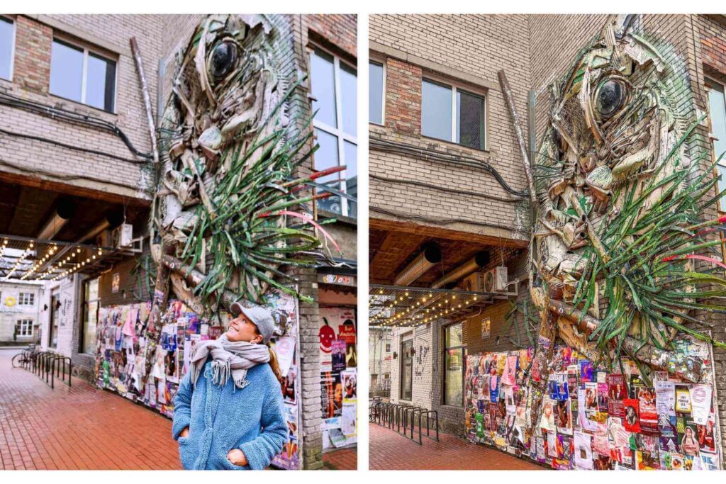 Streetart i Tallinn: vegginstallasjon av Bordalo II laget av gjenbruksmaterialer, kjent som &laquo;Flying Squirrel&raquo;.