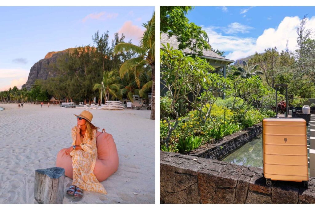 Kollasj med strandscene p&aring; Mauritius med dame og Le Morne fjellet og koffert ved et tropisk hotellomr&aring;de.