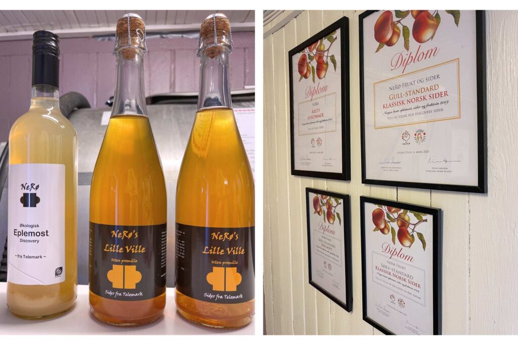 Prisbel&oslash;nt sider og eplemost fra med flasker og diplomer fra konkurranser. 