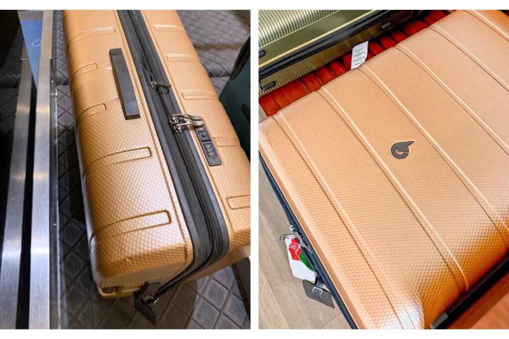 Detaljbilder av North Pioneer Edge-koffert med glidel&aring;s, hj&oslash;rner og innvendig organisering.