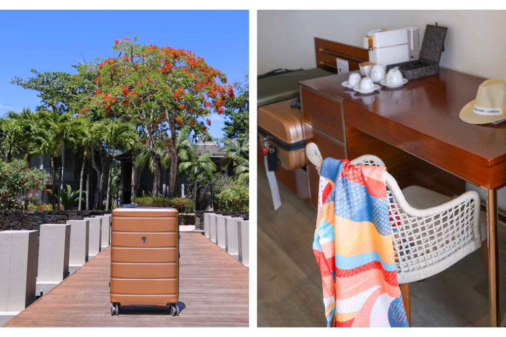 Kollasj med North Pioneer koffert i gull p&aring; Mauritius og et interi&oslash;rbilde med bagasje og reiseutstyr og et eksteri&oslash;rbilde med bro og tre med blomster.