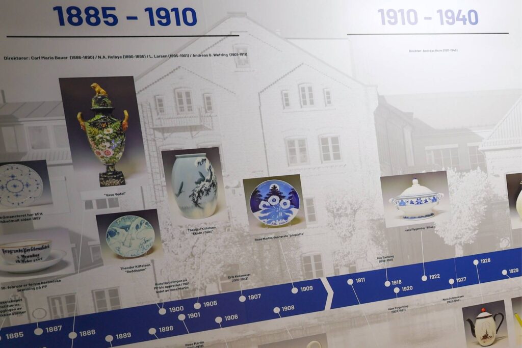 Historisk tidslinje med porselensdesign fra 1885–1910 på Porselensmuseet i Porsgrunn.