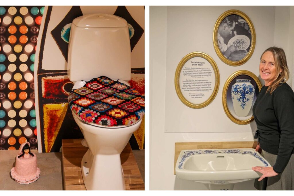 Utstilling av sanitærporselen på Porselensmuseet i Porsgrunn, med toalett og servant. 