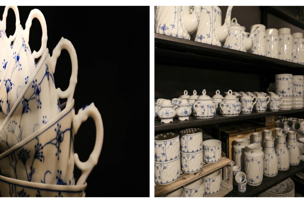 Stråmønstrede kopper og serviser utstilt på Porselensmuseet og i fabrikkutsalget ved Porsgrund Porselen. 