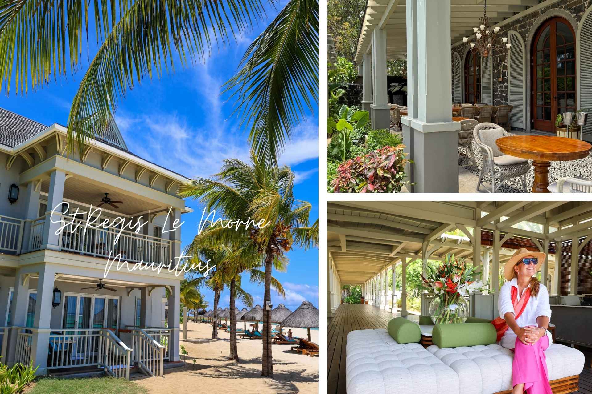 St. Regis Le Morne på Mauritius med kolonial fasade, strand og palmer samt gjest i resortets loungeområde.