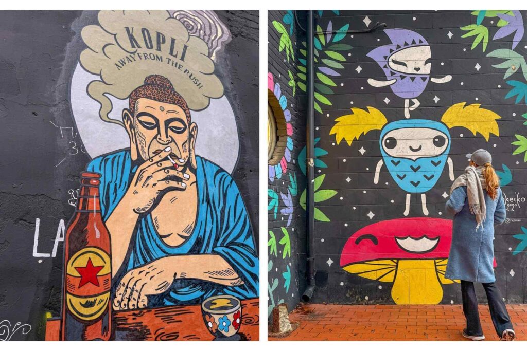 Fargerikt streetart-veggmaleri p&aring; murbygning i Tallinn, kjent for byens kreative og urbane kunstmilj&oslash;.