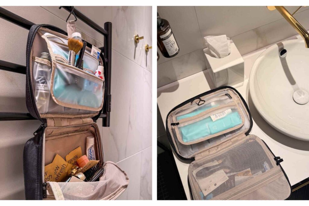 Toalettmappe til reise med oppheng, &aring;pen og hengende p&aring; bad med god oversikt over innholdet.