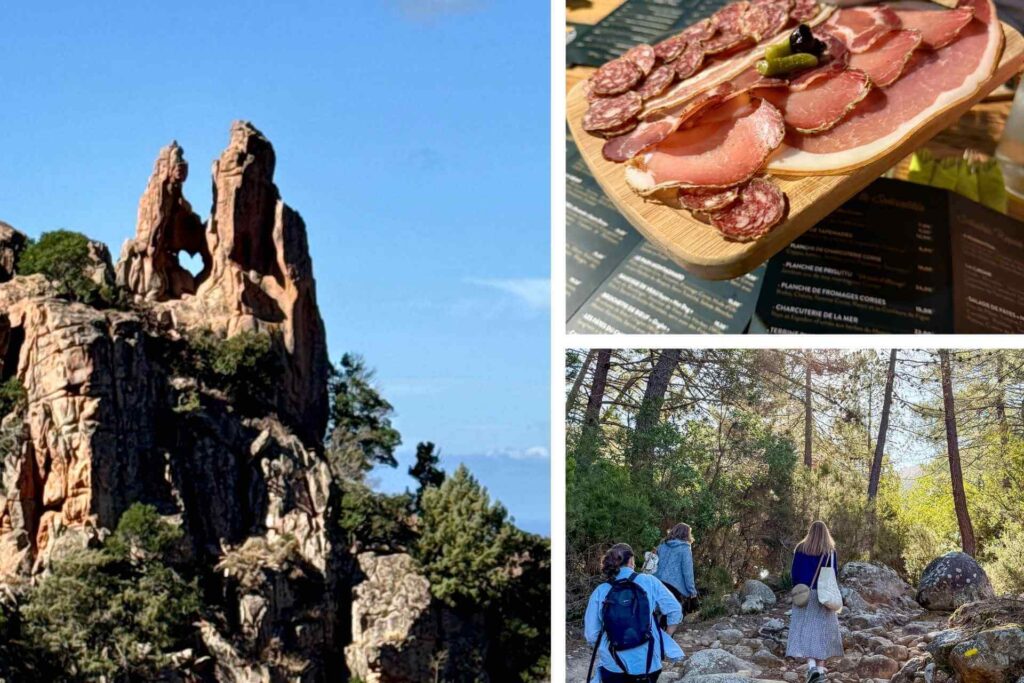 Calanche de Piana, UNESCO listet. Fottur i fjellene og rustikk mat med pølser og skinke.