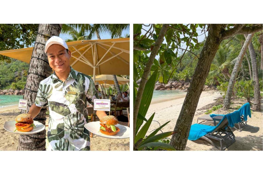 Lunch servert på stranden på hotell på Seychellene. Smilende kelner serverer burgere.