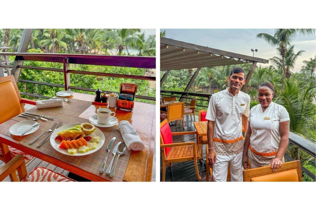 Smilende servitører og frokost med utsikt på Constance Lemuria på Seychellene.