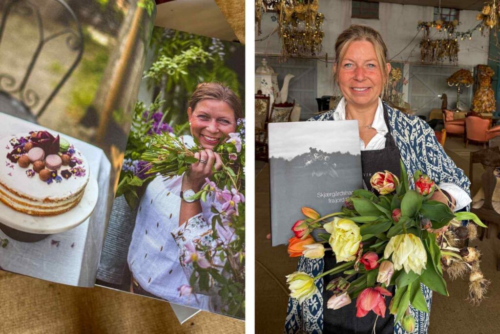 Camilla Anvik med boken hun har skrevet og publisert - Skj&aelig;rg&aring;rdshagen fra jord til bord