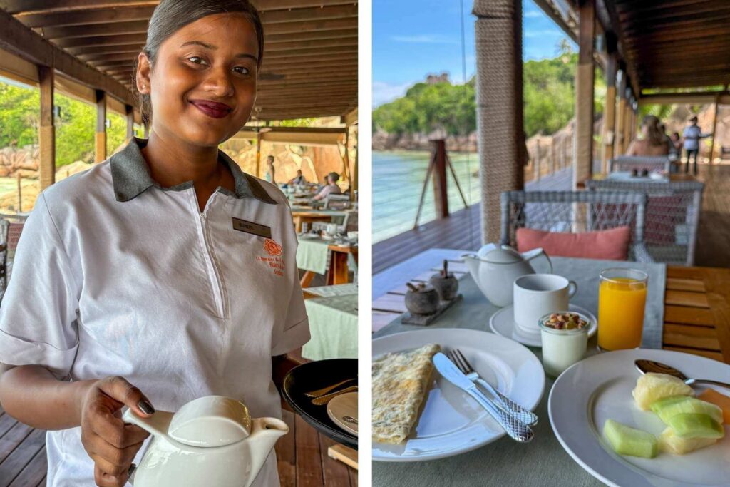 Frokostservering med smilende servit&oslash;r p&aring; luksushotell ved havet p&aring; La Digue