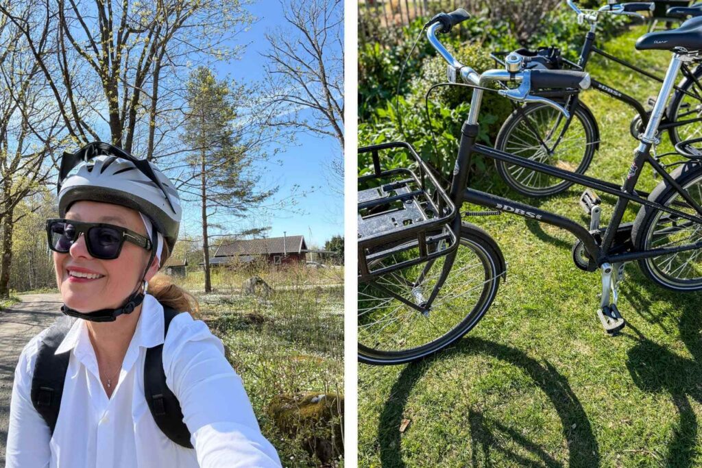Sykkeltur ved Nevlunghavn. Forn&oslash;yd dame med sykkel og sykkelhjelm