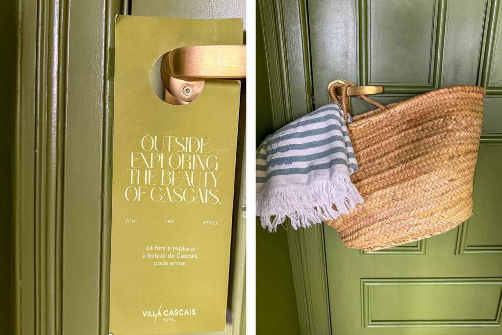 Interiørdetaljer med do-not-disturb skilt og strandveske fra boutiquehotell i Cascais