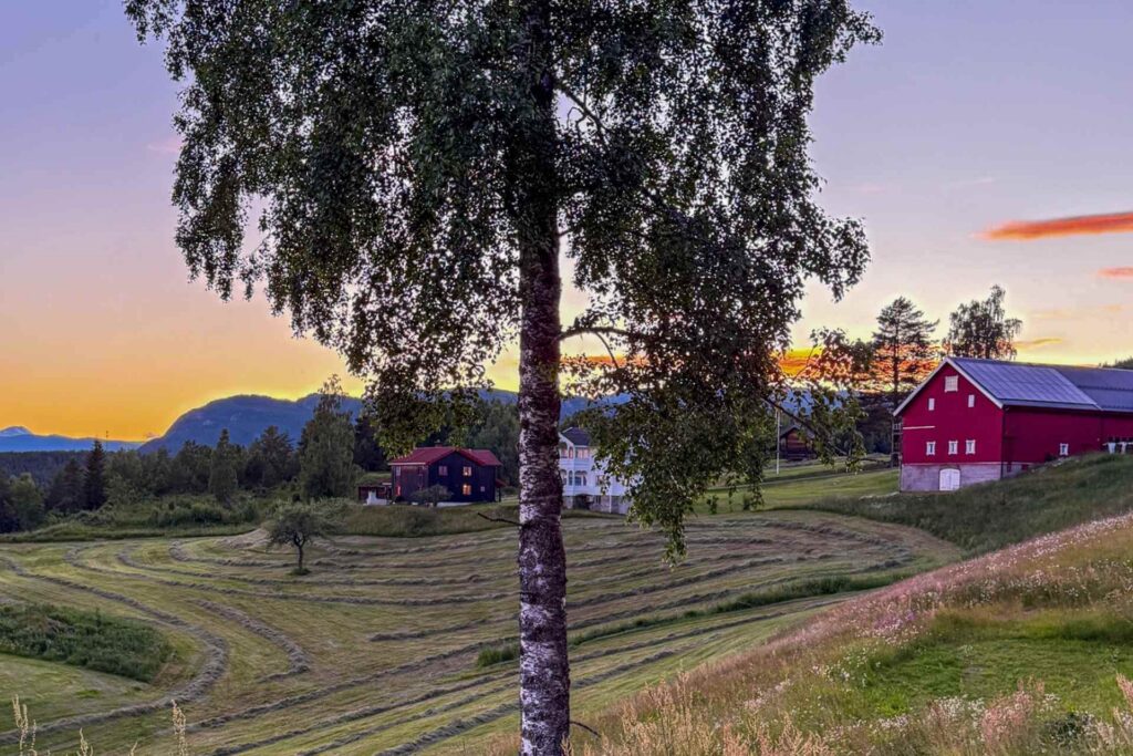 Bolkesjø Gaard i Telemark med utsikt mot Gaustatoppen og fjellene en sommerkveld.